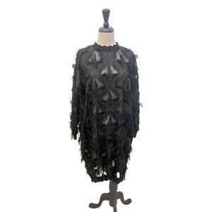 Marigold Shadows Women's Feathered Overlay Long Sleeve Shift Dress Black Small